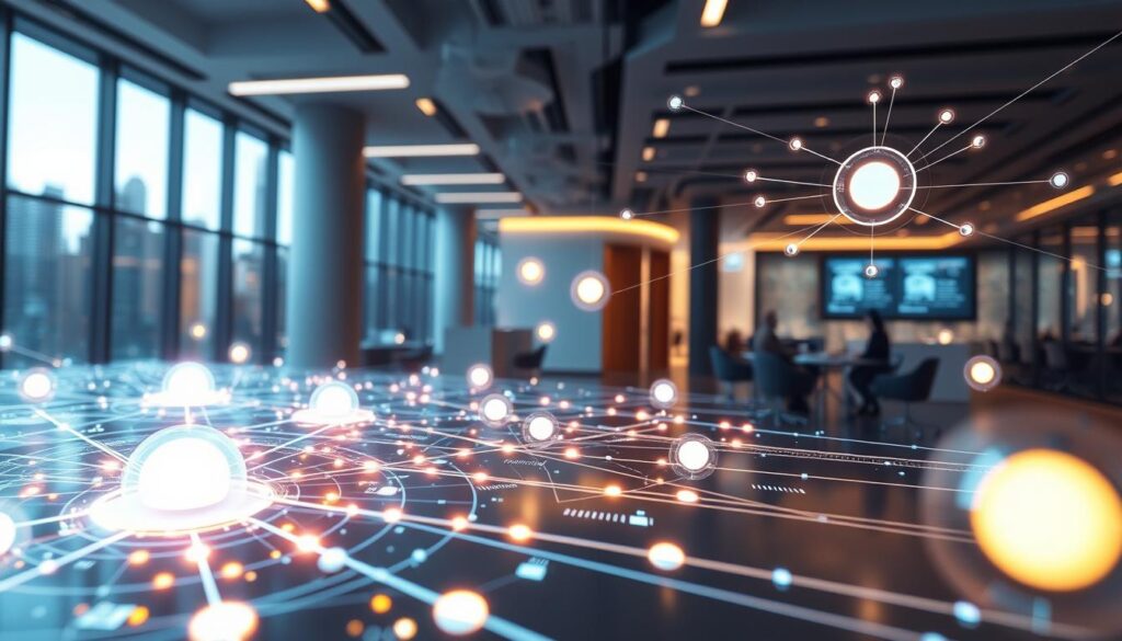 A futuristic scene of smart contract automation in an enterprise blockchain ecosystem. The foreground features an intricate network of interconnected digital contracts, their execution visualized through a holographic user interface. In the middle ground, data streams and transaction flows are represented by glowing lines and pulsing orbs, all seamlessly integrated. The background showcases a sleek, modern office environment with floor-to-ceiling windows, ambient lighting, and a sense of technological sophistication. The overall atmosphere conveys the power and efficiency of blockchain-powered automated processes, ready to streamline and optimize enterprise operations.
