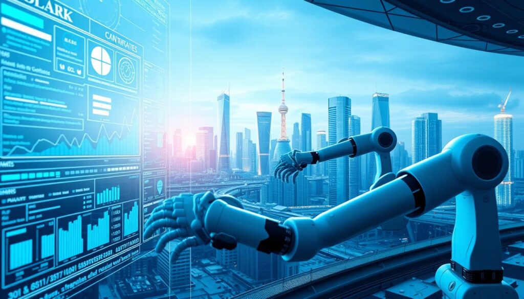 A futuristic scene of smart contract automation in finance. In the foreground, a transparent digital interface showcases a series of interconnected contracts and transactions, their progress visualized through dynamic graphs and data visualizations. In the middle ground, sleek robotic arms efficiently process and validate the contracts, their movements choreographed with precision. In the background, a cityscape of towering skyscrapers and advanced infrastructure reflects the technological sophistication of the financial system. The scene is illuminated by a cool, blue-tinted lighting, conveying a sense of innovation, efficiency, and security in the world of blockchain-powered finance.