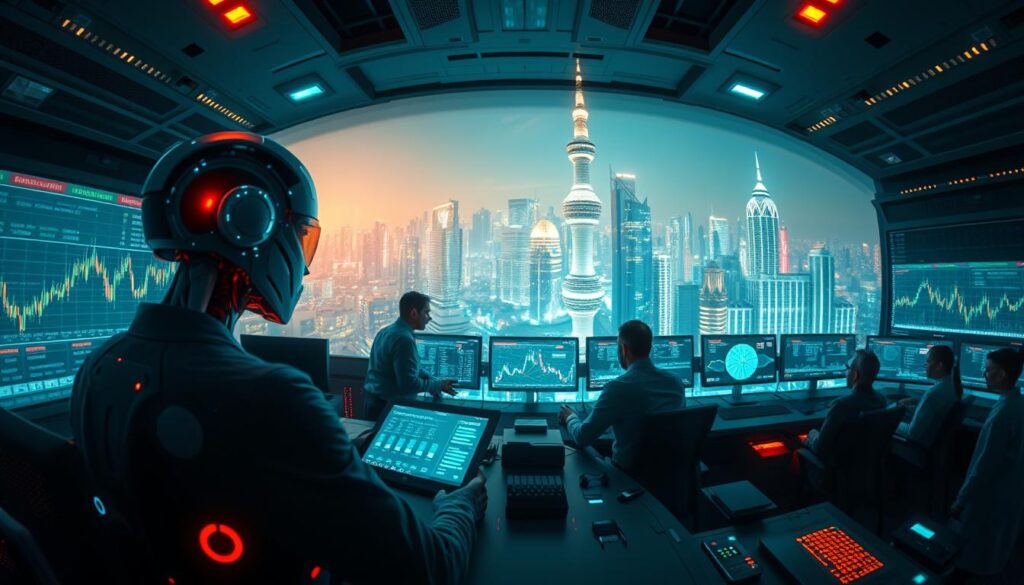 A futuristic trading command center, with glowing holographic displays and a panoramic view of the digital financial landscape. In the foreground, an AI trading bot analyzes real-time market data, its algorithms meticulously optimizing yield farming strategies. The middle ground features a team of data scientists and quants, collaborating on the refinement of the autonomous trading system. In the background, a towering skyline of gleaming crypto towers, pulsing with the rhythmic heartbeat of the blockchain. Dramatic lighting casts a moody, high-tech atmosphere, while a fish-eye lens distorts the scene, evoking a sense of immersion in the cutting-edge world of AI-driven crypto trading automation.