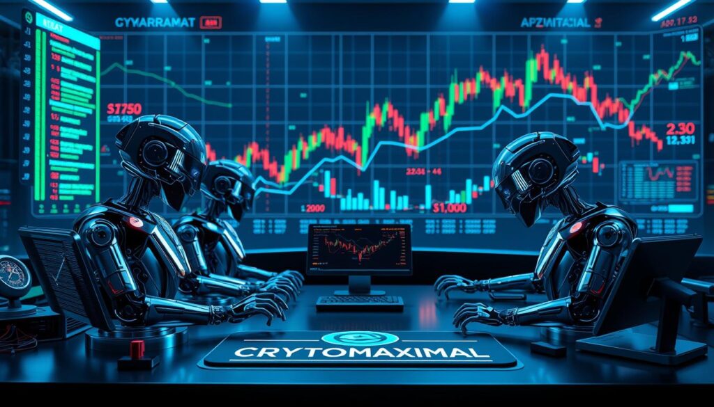 A futuristic trading desk with a CRYPTOMAXIMAL logo, showcasing an array of AI-powered crypto trading bots. The bots are represented as sleek, metallic devices with glowing displays and sophisticated algorithms at work. The desk is illuminated by a cool, neon-tinged lighting, creating an atmosphere of cutting-edge technology and precision. In the background, a holographic chart displays real-time market data, with fluctuating lines and colorful visualizations. The scene conveys the power and complexity of AI-driven crypto trading, harnessing the latest advancements to navigate the dynamic financial landscape.