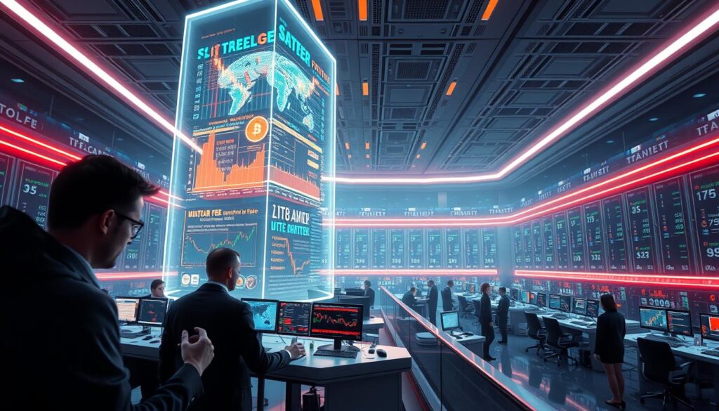 A futuristic trading floor bathed in neon-tinted lighting, with a towering holographic display showcasing intricate trading fee optimization algorithms and strategies. In the foreground, a team of analysts scrutinize real-time market data, their fingers deftly manipulating a sleek, transparent interface. The middle ground features an array of trading terminals, each with a panoramic view of the dynamic cryptocurrency markets. In the background, a vast, interconnected network of servers and data centers hum with the pulse of automated trading systems, their algorithms constantly adjusting to minimize fees and maximize profits. The overall atmosphere conveys a sense of cutting-edge technology, precision, and the relentless pursuit of financial optimization.
