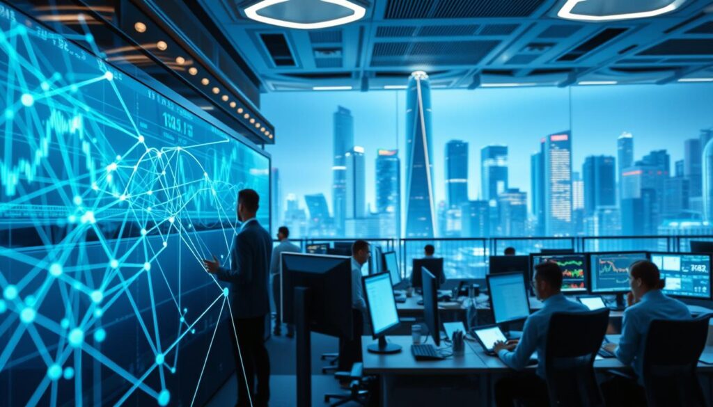 A futuristic trading floor, bathed in the soft glow of computer screens and the hum of advanced algorithms. In the foreground, a data scientist intently analyzes a complex network of lines and curves, representing the intricate web of machine learning trading strategies. The middle ground features a panoramic view of the trading room, where analysts monitor real-time market data, their expressions focused and determined. In the background, a towering skyline of gleaming skyscrapers, symbolizing the cutting edge of financial technology. The entire scene exudes a sense of innovation, precision, and the power of data-driven decision-making.