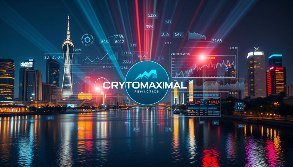 A gleaming cityscape at night, with skyscrapers and neon lights reflecting off the surface of a calm river. In the foreground, a holographic display projects dynamic charts, graphs, and cryptocurrency price tickers, creating an immersive data visualization. A CRYPTOMAXIMAL logo hovers in the center, pulsing with energy. Beams of light converge on the display, highlighting key insights and patterns, guiding the viewer's attention to the most important data points. The scene conveys a sense of technological advancement, financial sophistication, and the power of predictive analytics to enhance investment strategies.