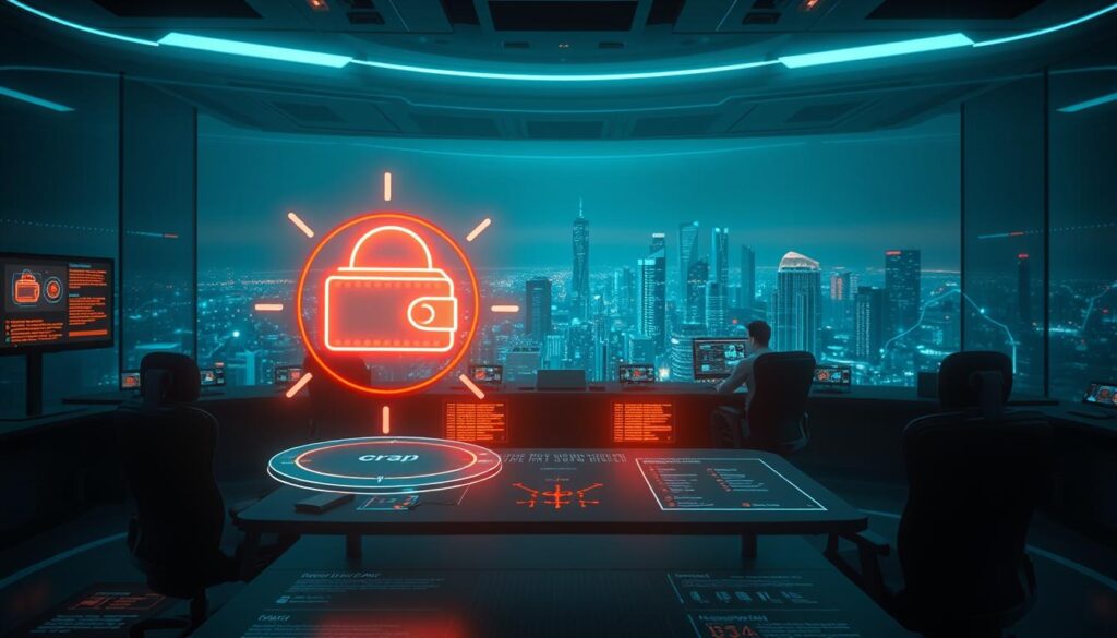 A hi-tech cybersecurity command center, bathed in a cool, neon-tinged glow. In the foreground, a stylized cryptocurrency wallet icon hovers, surrounded by warning symbols and alert indicators. In the middle ground, a team of analysts monitor an array of sleek, holographic displays, tracking and mitigating a simulated crypto phishing attack. The background depicts a vast, futuristic cityscape, with skyscrapers and network infrastructures rendered in a clean, minimalist aesthetic. Dramatic lighting casts dramatic shadows, conveying a sense of urgency and importance in the task at hand - protecting digital assets from the ever-evolving threats of the crypto landscape.