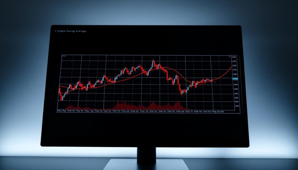 A high-contrast chart with two lines representing simple and exponential moving averages, overlaid on a stock price graph. The chart is displayed on a computer screen, with a sleek, modern interface. The chart is illuminated by soft, directional lighting, creating depth and dimensionality. The background is a subtle gradient, allowing the chart to be the focal point. The overall mood is one of clarity, analysis, and informed decision-making, reflecting the subject of understanding the basics of moving averages for cryptocurrency trading.