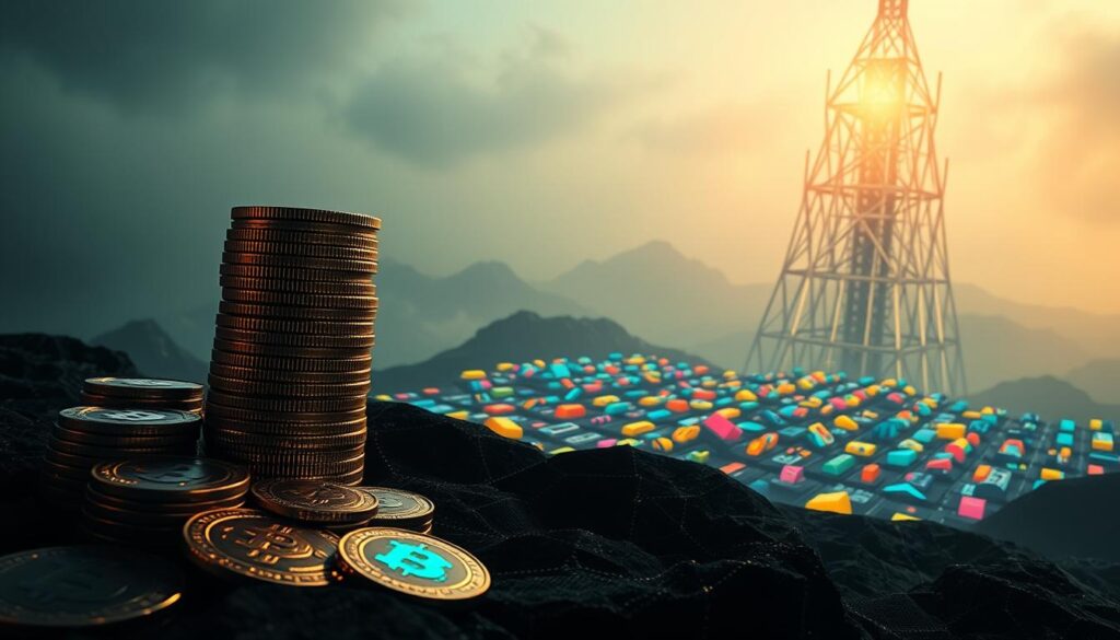 A high-contrast, cinematic digital landscape showcasing a variety of digital assets. In the foreground, a stack of shimmering cryptocurrencies, their geometric shapes casting dynamic shadows. In the middle ground, a grid of non-fungible tokens (NFTs) represented as colorful, abstract digital art pieces. In the background, a towering blockchain architecture, its intricate nodes and connections illuminated by a warm, futuristic glow. The overall scene conveys a sense of innovation, complexity, and the ever-evolving digital economy.