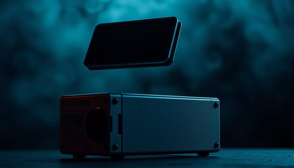 A high-contrast, cinematic scene depicting a hot wallet and a cold storage device set against a dark, moody backdrop. In the foreground, a sleek, modern hot wallet with a glowing screen hovers above a weathered, metal cold storage device. Soft, directional lighting illuminates the devices, casting dramatic shadows and highlighting their distinct forms. The background is shrouded in a hazy, atmospheric fog, conveying a sense of mystery and security. The overall composition emphasizes the differences between the two storage options, with the hot wallet's connectivity and convenience contrasted against the cold storage's air-gapped isolation and physical security.