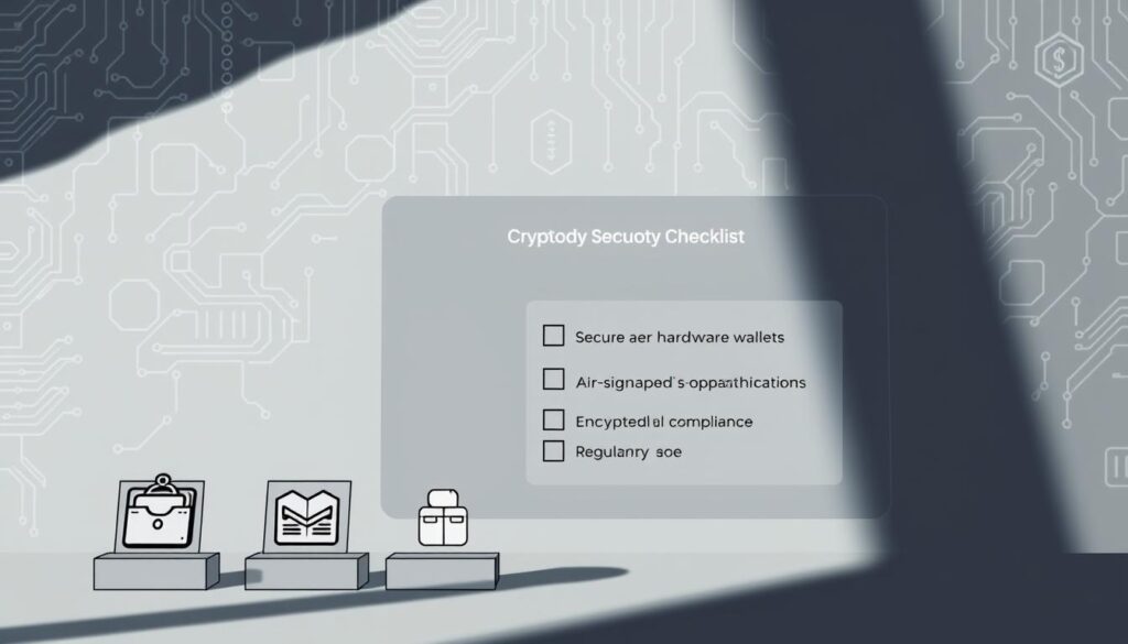 A high-contrast, clean-lined illustration of a comprehensive cryptocurrency custody security checklist. In the foreground, a series of bulletpoint icons representing key security measures: secure hardware wallets, air-gapped computers, multi-signature authentication, encrypted backups, and regulatory compliance. The mid-ground features a sleek, minimalist interface displaying a checklist with toggles for each security element. In the background, a subtle backdrop of blockchain-inspired geometric patterns and digital circuit board textures, conveying a sense of technological sophistication. Dramatic low-angle lighting casts sharp shadows, lending an air of importance and gravity to the scene.