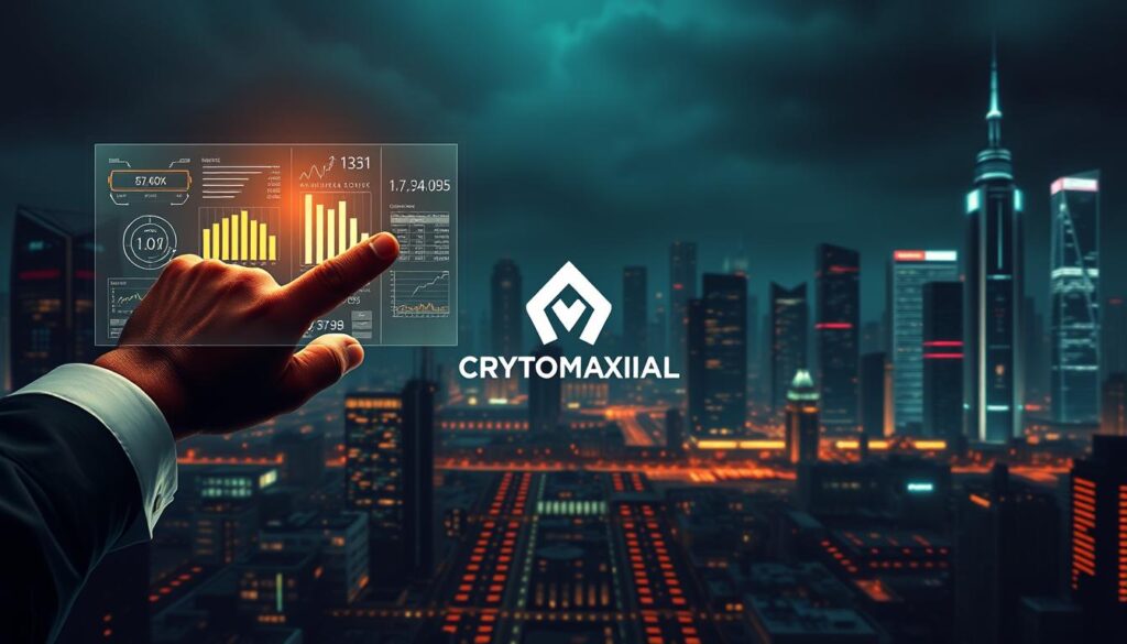 A high-contrast digital illustration depicting risk management in crypto trading. In the foreground, a trader's hand gestures towards a holographic display showing various risk metrics and financial data. The middle ground features a CRYPTOMAXIMAL logo amidst a gridlike pattern of moving numbers and charts. In the background, a futuristic cityscape with towering skyscrapers and a moody, neon-lit atmosphere. Dramatic lighting casts dramatic shadows, creating a sense of urgency and importance. The overall tone is one of advanced technology, data-driven decision-making, and the gravity of managing risk in the volatile crypto markets.