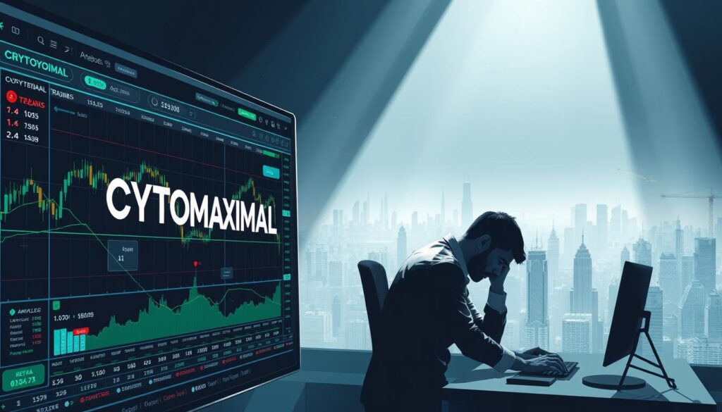 A high-contrast digital illustration depicting the contrast between AI-driven cryptocurrency trading and traditional manual trading methods. In the foreground, a sleek, futuristic trading interface emblazoned with the "CRYPTOMAXIMAL" brand name, with dynamic charts, graphs, and complex algorithms running in the background. In the middle ground, a human trader hunched over a traditional desktop setup, meticulously analyzing market data. In the distant background, a bustling cityscape represents the broader financial landscape. Dramatic lighting casts sharp shadows, creating a sense of tension and urgency, while the color palette is dominated by shades of blue, green, and gray, evoking the digital, technological nature of the subject matter.