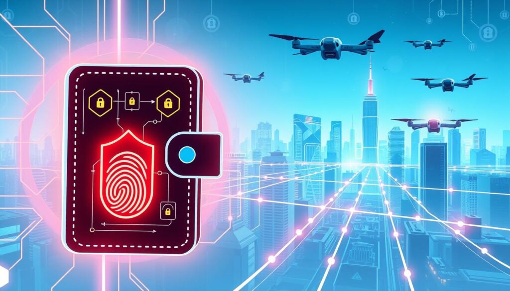 A high-contrast digital illustration showcasing the key security features and transaction speed of a permissioned blockchain network. In the foreground, a secure digital wallet interface with fingerprint authentication and encryption icons. In the middle ground, a series of interconnected blockchain nodes rapidly validating and processing transactions. In the background, a futuristic cityscape with skyscrapers and hovering drones, conveying the sense of a secure, advanced technological ecosystem. The scene is illuminated by cool-toned neon lighting, creating an atmosphere of futuristic efficiency and safety.