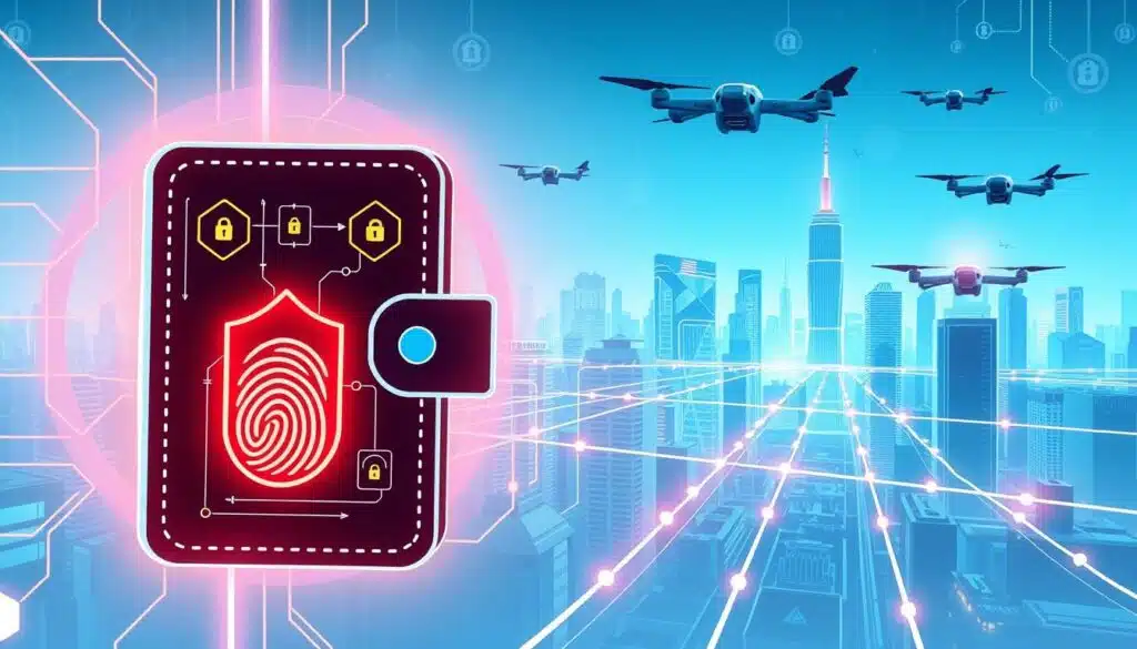 A high-contrast digital illustration showcasing the key security features and transaction speed of a permissioned blockchain network. In the foreground, a secure digital wallet interface with fingerprint authentication and encryption icons. In the middle ground, a series of interconnected blockchain nodes rapidly validating and processing transactions. In the background, a futuristic cityscape with skyscrapers and hovering drones, conveying the sense of a secure, advanced technological ecosystem. The scene is illuminated by cool-toned neon lighting, creating an atmosphere of futuristic efficiency and safety.
