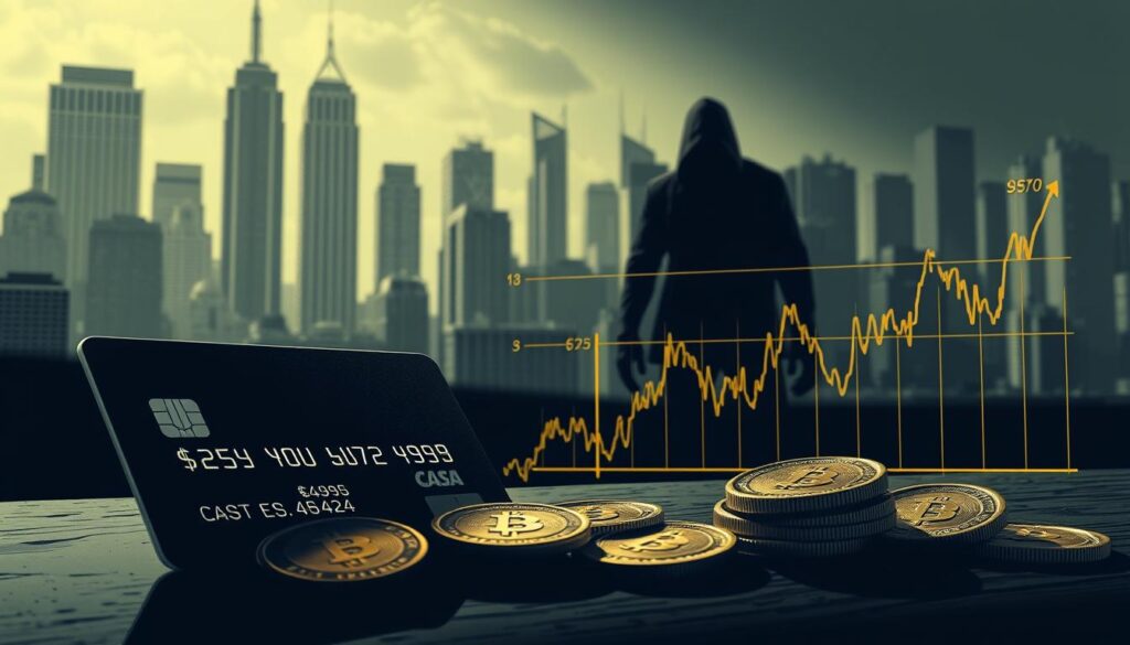 A high-contrast financial scene with a focus on the costs and risks of using a credit card to purchase Bitcoin. In the foreground, a credit card, coins, and a graph depicting fluctuating cryptocurrency prices are rendered in a stylized, almost technical illustration style with muted colors. In the middle ground, an ominous figure representing the potential dangers lurks, while in the background, a cityscape with towering skyscrapers evokes the complex financial landscape. Lighting is dramatic, with shadows casting an air of caution and uncertainty. The overall mood is one of cautious awareness, inviting the viewer to consider the implications of their financial decisions.