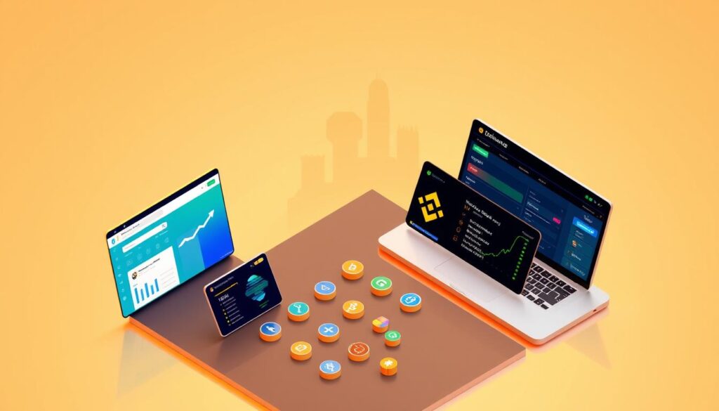 A high-contrast, isometric comparison of leading cryptocurrency exchange platforms, showcasing their distinct branding and UI designs. The foreground features sleek, minimalist user interfaces for Coinbase, Binance, and Kraken, each with its own unique color palette and logo. The middle ground presents a grid of cryptocurrency icons, symbolizing the diverse asset offerings. The background depicts a subtle cityscape silhouette, hinting at the global scale and interconnectedness of the digital asset ecosystem. Warm, directional lighting accentuates the clean, modern aesthetic, creating a sense of clarity and professionalism suited for a beginner's guide to cryptocurrency trading.