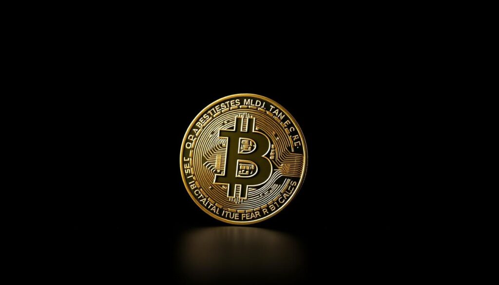 A high-contrast, macro-style photograph of a physical bitcoin cryptocurrency coin set against a dark, moody background. The coin is positioned in the center of the frame, with a sharp focus on its intricate details and textures. The lighting creates dramatic shadows and highlights, evoking a sense of digital weight and value. The background is a deep, inky black, creating a minimalist, futuristic setting that allows the bitcoin to be the sole focus of the image. The angle is slightly elevated, giving the viewer a sense of importance and significance. Overall, the image conveys the current state of the bitcoin market - a combination of technical analysis, market volatility, and investor sentiment.