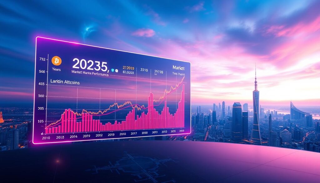 A high-contrast, panoramic scene depicting the 2025 cryptocurrency market performance. In the foreground, a dynamic chart showcases the market share fluctuations of Bitcoin and leading altcoins over the past 5 years. The chart is rendered in a sleek, holographic display with vivid colors and precise data visualizations. The middle ground features a cityscape of futuristic skyscrapers and infrastructure, representing the thriving blockchain ecosystem. The background is a luminescent sky, bathed in hues of blue, purple, and pink, creating an ethereal, high-tech atmosphere. The overall composition conveys a sense of technological advancement, data-driven insights, and the ever-evolving cryptocurrency landscape.