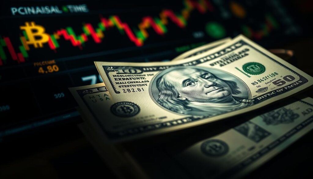 A high-contrast, wide-angle macro shot of US dollar bills, representing the sentiment and impact of US monetary policy and inflation on the cryptocurrency market. The bills are in sharp focus, with a blurred background of stock charts, economic graphs, and digital currency symbols. Dramatic side lighting casts dramatic shadows, conveying a sense of economic uncertainty and volatility. The overall mood is one of tension and financial instability, hinting at the complex interplay between macroeconomic factors and the crypto landscape.