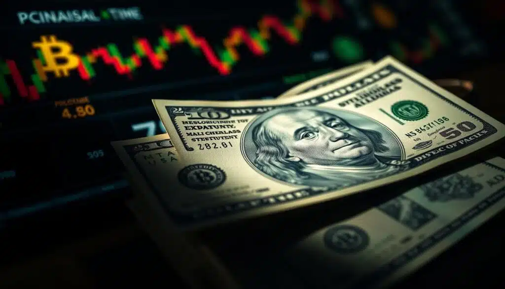 A high-contrast, wide-angle macro shot of US dollar bills, representing the sentiment and impact of US monetary policy and inflation on the cryptocurrency market. The bills are in sharp focus, with a blurred background of stock charts, economic graphs, and digital currency symbols. Dramatic side lighting casts dramatic shadows, conveying a sense of economic uncertainty and volatility. The overall mood is one of tension and financial instability, hinting at the complex interplay between macroeconomic factors and the crypto landscape.
