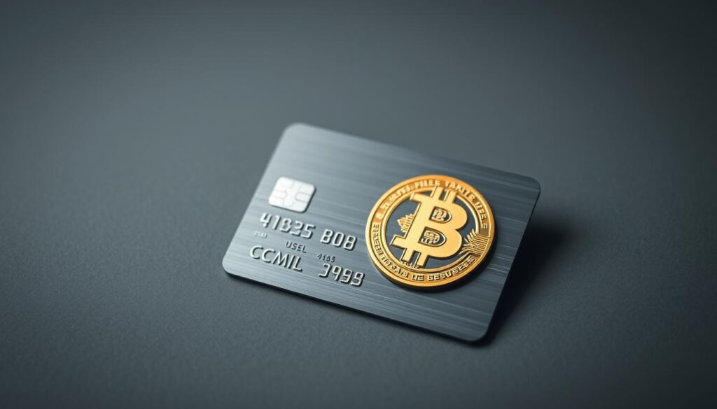 A high-quality, close-up photograph of a credit card with a Bitcoin symbol overlaid on the card's surface. The card is positioned on a minimalist, gray background with subtle lighting that creates a sense of depth and emphasizes the textural details of the card. The image conveys a sense of security, stability, and the integration of traditional finance with the world of cryptocurrency.