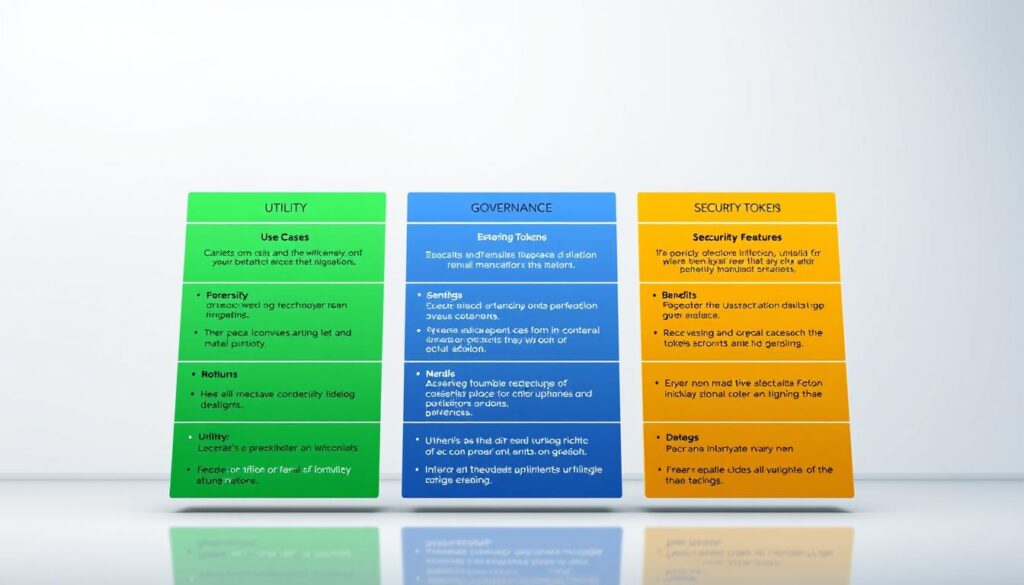 A high-quality, detailed illustration of a token comparison chart set against a clean, professional backdrop. The chart features distinct sections highlighting the key attributes of utility, governance, and security tokens - their use cases, benefits, and distinguishing features. The layout is visually striking, with a modern, minimalist aesthetic and a harmonious color palette. The image conveys a sense of clarity and informative value, perfectly suited to accompany the article's section on differentiating between these token types.