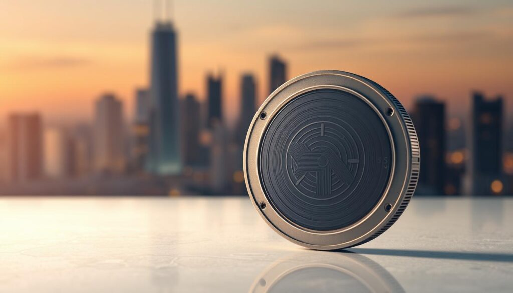 A high-quality, hyper-realistic digital illustration showcasing a "custody coin" - a physical cryptocurrency hardware wallet with a sleek, modern design. The wallet is prominently displayed in the foreground, with a soft, indirect lighting illuminating its matte silver metal casing and tempered glass display panel. The middle ground features a blurred backdrop of a cityscape skyline, suggesting a financial hub. The atmosphere conveys a sense of security, trust, and technological sophistication. The overall composition and lighting emphasize the custody coin's role as a secure, reliable storage solution for digital assets.