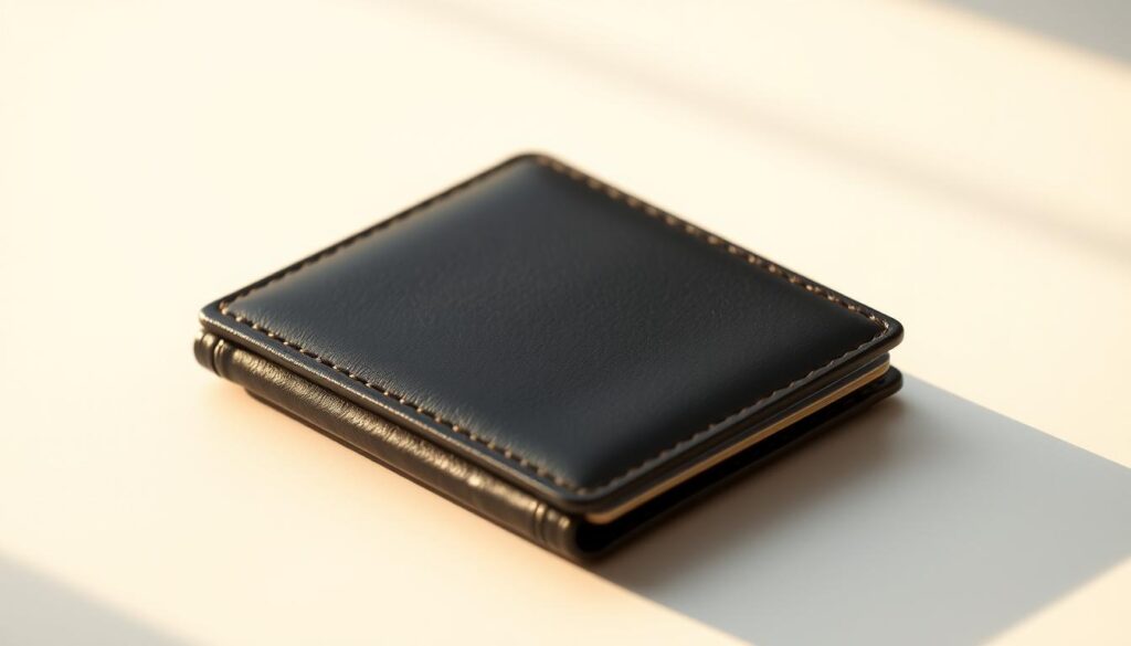 A high-quality, sleek and minimalist wallet made of premium black leather, showcasing a clean, modern design. The wallet is positioned on a plain, light-colored surface, bathed in warm, natural lighting from the side, casting subtle shadows that accentuate its tactile texture and sharp edges. The wallet is the central focus, with a simple, uncluttered background that allows it to stand out and be the star of the composition. The overall mood is one of sophistication, practicality, and a sense of security and reliability - qualities that would be well-suited for an article on safely buying Bitcoin with a credit card.