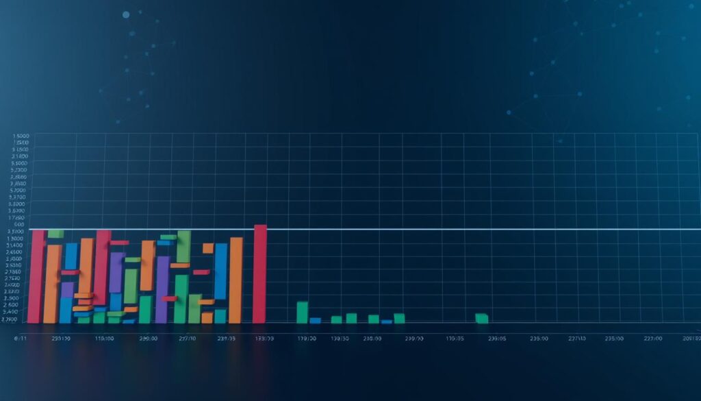 A high-resolution, detailed 3D render of a cryptocurrency order book liquidity chart. The foreground features a dynamic order book display with buy and sell orders shown as colorful rectangular blocks, arranged in a grid pattern and fluctuating in size to represent the order book depth. The middle ground shows a grid of horizontal price levels and vertical time increments, creating a data visualization-style layout. The background features a subtle, dark gradient with a low-polygonal, abstract geometric pattern that conveys a sense of depth and digital aesthetics. The lighting is cool-toned, with a soft, diffused glow to highlight the order book elements. The camera angle is slightly elevated, providing a clear, unobstructed view of the order book dynamics.