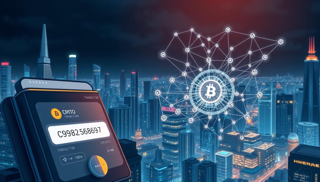 A high-resolution, detailed illustration of a crypto transaction process. In the foreground, a digital wallet interface displays a transaction being initiated, with a stylized cryptocurrency logo and transaction details. In the middle ground, a complex network of nodes and blockchain technology visuals depict the transaction verification and validation process. The background features a dimly lit, futuristic cityscape with skyscrapers, neon lights, and a sense of technological progress. The overall scene conveys a sense of security, efficiency, and the interconnected nature of the cryptocurrency ecosystem.