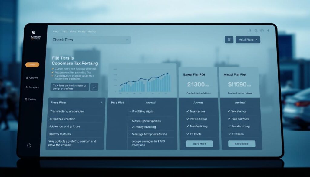 A high-resolution, detailed image of cryptocurrency tax reporting software pricing plans displayed on a sleek, modern dashboard. The foreground features a clean, minimalist layout with various plan options and pricing tiers, including a free version, annual subscriptions, and transaction-based pricing. The middle ground showcases data visualizations, charts, and graphs highlighting key plan features and benefits. The background has a subtle, blurred cityscape or technology-inspired landscape, conveying a sense of professionalism and digital finance. The lighting is soft and directional, creating depth and highlighting the important plan details. The overall atmosphere is one of clarity, sophistication, and financial empowerment.