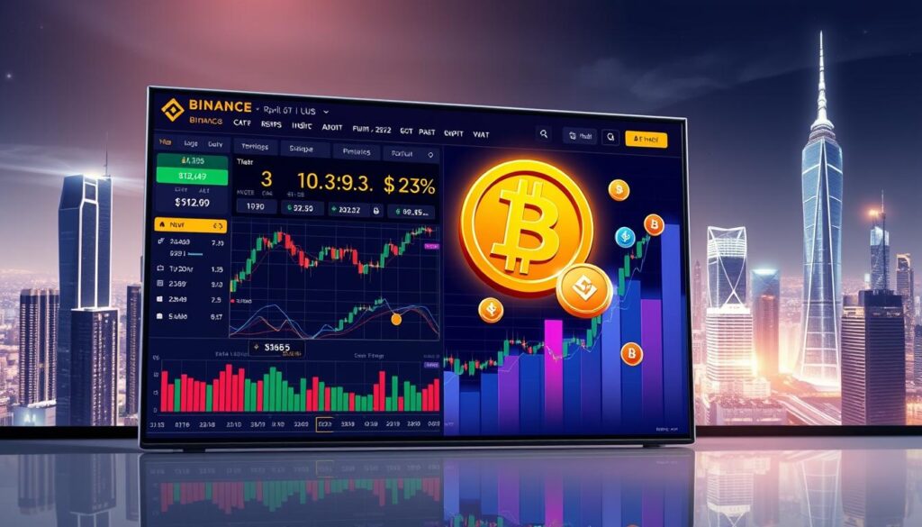 A high-resolution digital illustration of the Binance.US cryptocurrency trading platform. In the foreground, a sleek, modern user interface showcases real-time price data, trading charts, and intuitive order placement tools. The middle ground features a dynamic, 3D-rendered representation of major crypto assets like Bitcoin, Ethereum, and Binance Coin, conveying the depth and liquidity of the platform. The background depicts a futuristic cityscape with gleaming skyscrapers, underscoring Binance.US's position as a leading digital asset exchange. The lighting is bright, clean, and evocative of a professional, trustworthy financial service. The overall tone is one of sophistication, reliability, and accessibility for beginner cryptocurrency traders.
