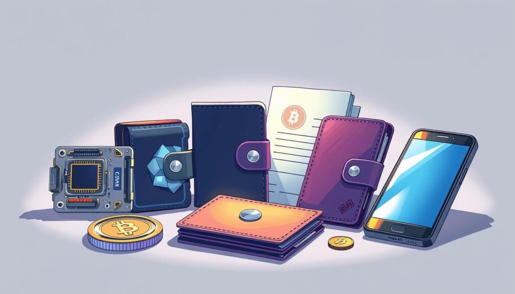 A high-resolution, hyper-detailed illustration depicting various types of cryptocurrency wallets, including a hardware wallet, a software wallet, a paper wallet, and a mobile wallet, arranged in a visually striking composition. The wallets are depicted with precise technical accuracy, showcasing their distinct designs and features. The scene is lit by a dramatic, directional light source, creating deep shadows and highlights that accentuate the textures and materials of the wallets. The background is a plain, neutral color, allowing the wallets to take center stage and the viewer to focus on the distinctive characteristics of each wallet type.
