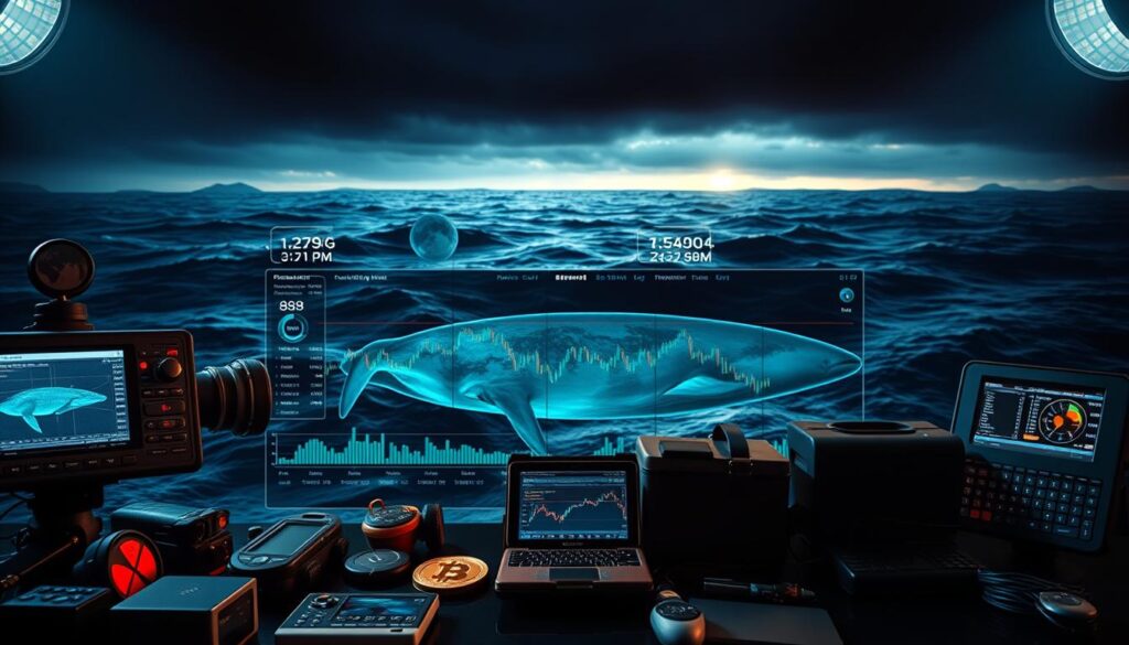 A high-resolution image of whale tracking tools used to monitor and analyze cryptocurrency whale activity. In the foreground, a selection of specialized instruments and devices such as sonar, GPS trackers, and data visualization software. In the middle ground, a detailed map of the cryptocurrency market landscape, displaying price fluctuations and trading volume. In the background, a dark, moody ocean scene with swirling waves and a sense of depth, reflecting the unpredictable nature of the cryptocurrency market. The lighting is dramatic, with a mix of natural and artificial illumination, creating a sense of urgency and importance. The overall composition and atmosphere convey the significance of understanding and tracking the behavior of cryptocurrency whales and their impact on market prices.