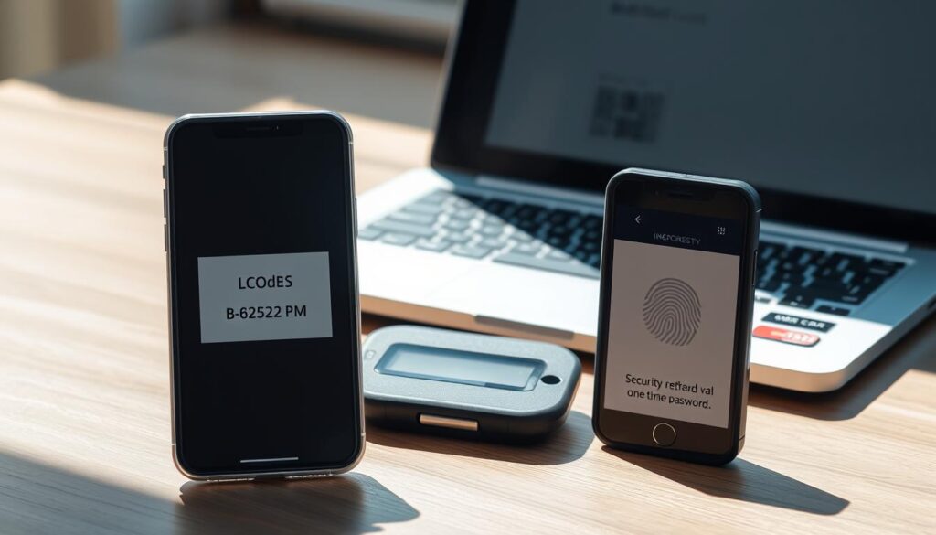 A high-resolution, photorealistic image of two-factor authentication methods. In the foreground, a smartphone displaying a two-factor authentication code. In the middle ground, a security token device generating a one-time password. In the background, a laptop with a fingerprint scanner and a smart card reader. The scene is illuminated by natural daylight, casting soft shadows. The overall mood is one of digital security and technological sophistication.