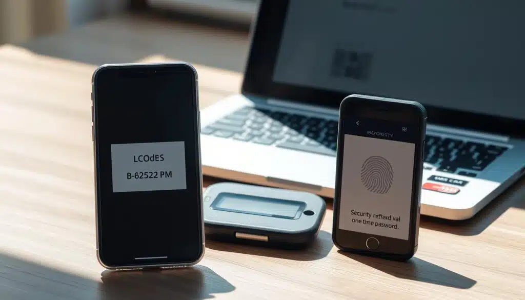 A high-resolution, photorealistic image of two-factor authentication methods. In the foreground, a smartphone displaying a two-factor authentication code. In the middle ground, a security token device generating a one-time password. In the background, a laptop with a fingerprint scanner and a smart card reader. The scene is illuminated by natural daylight, casting soft shadows. The overall mood is one of digital security and technological sophistication. A high-resolution, photorealistic image of two-factor authentication methods. In the foreground, a smartphone displaying a two-factor authentication code. In the middle ground, a security token device generating a one-time password. In the background, a laptop with a fingerprint scanner and a smart card reader. The scene is illuminated by natural daylight, casting soft shadows. The overall mood is one of digital security and technological sophistication.