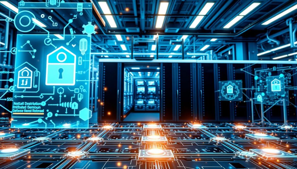 A high-security blockchain network, with complex cryptographic protocols and layered defense mechanisms. In the foreground, holographic representations of encryption algorithms and distributed consensus processes. In the middle ground, a decentralized network of nodes secured by hardware wallets and tamper-resistant hardware. In the background, a sleek, futuristic data center housing the core blockchain infrastructure, bathed in cool, blue-tinted lighting. The overall atmosphere conveys the robust, impenetrable nature of a blockchain-powered system, designed to protect digital assets and transactions with the utmost diligence.
