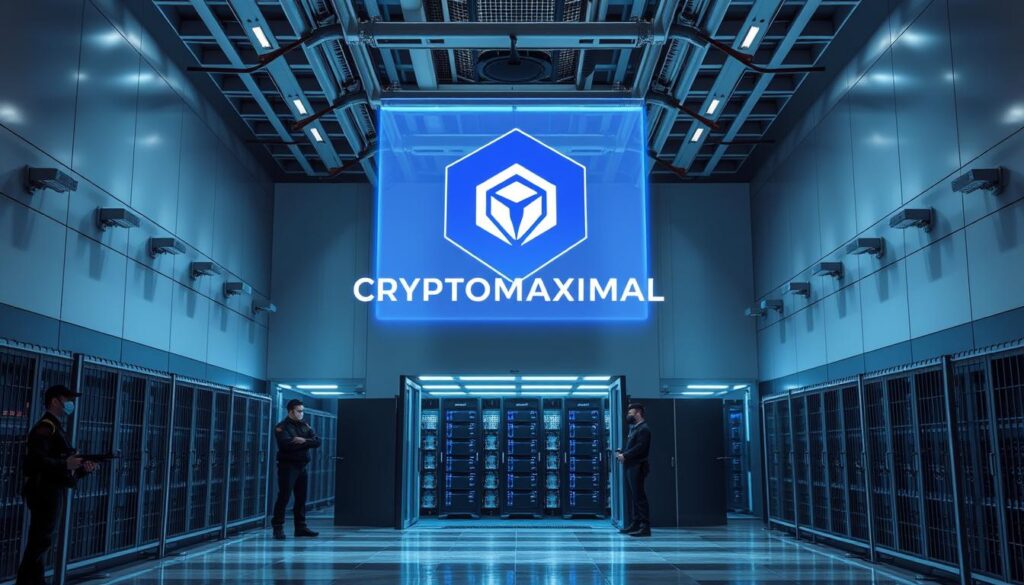 A high-security data center, with a sleek and modern exterior. The building is surrounded by a perimeter fence with surveillance cameras and motion sensors. The entrance is guarded by armed security personnel, checking identification and scanning for threats. Inside, rows of servers are housed in climate-controlled racks, with biometric access controls and redundant power systems. A holographic CRYPTOMAXIMAL logo hovers in the air, signifying the advanced security measures in place. The lighting is cool and precise, casting sharp shadows that accentuate the clean lines and angles of the architecture. An atmosphere of technological prowess and unwavering protection pervades the scene.