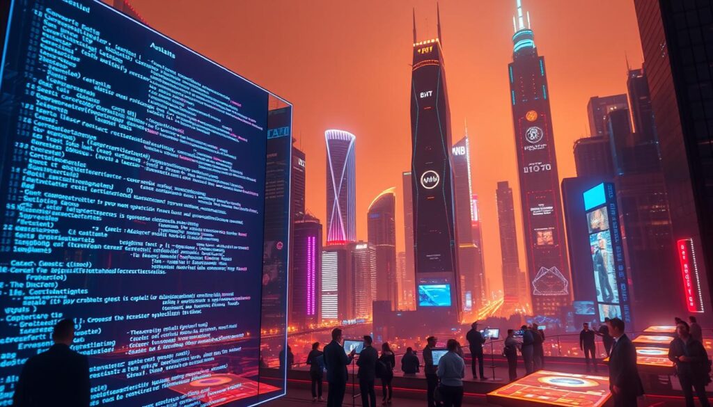A high-tech cityscape with futuristic skyscrapers and glowing holographic interfaces. In the foreground, a large transparent screen displays intricate lines of code, representing smart contract applications. The middle ground features groups of people interacting with virtual displays, accessing blockchain-powered services. The background is bathed in a warm, neon-tinged lighting, creating an atmosphere of innovation and technological advancement. The scene conveys a sense of seamless integration between the digital and physical realms, showcasing the potential of blockchain technology to transform everyday life.