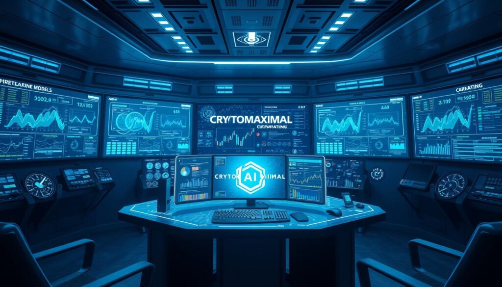 A high-tech control room with sleek, futuristic machine learning models displayed on multiple screens. Glowing holographic interfaces and advanced data visualization tools surround a central workstation where a CRYPTOMAXIMAL logo is prominently featured. Soft blue lighting casts an ominous yet sophisticated atmosphere, while the background is filled with a dynamic array of abstract financial charts and graphs. The scene conveys a sense of powerful AI-driven risk prediction capabilities, ready to be leveraged for sophisticated crypto trading strategies.