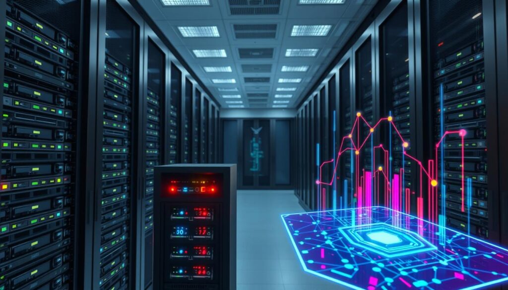 A high-tech data center filled with rows of server racks, each hosting multiple validator nodes for a proof-of-stake blockchain network. Soft, diffused lighting illuminates the sleek, modern hardware, creating a sense of scale and technical sophistication. In the foreground, a single node is highlighted, its LED indicators pulsing with activity, symbolizing the crucial role of validator nodes in maintaining the blockchain's security and consensus. The background features a holographic visualization of the blockchain's transaction history, colorful data streams flowing across a three-dimensional interface. An atmosphere of precision, complexity, and the cutting edge of decentralized technology.