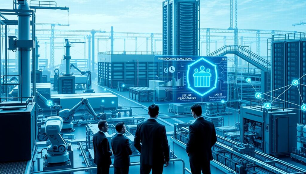 A high-tech industrial landscape with sleek, modern factories and warehouses, surrounded by a network of interconnected blockchain nodes. In the foreground, a group of business professionals in suits discussing a holographic display showcasing secure, permissioned transactions. The middle ground features robotic arms and automated assembly lines, symbolizing the seamless integration of blockchain technology into industry-specific workflows. The background is dominated by a towering data center, its servers humming with the processing power required to power the permissioned blockchain network. The scene is bathed in a cool, futuristic lighting, conveying a sense of efficiency, security, and technological innovation.