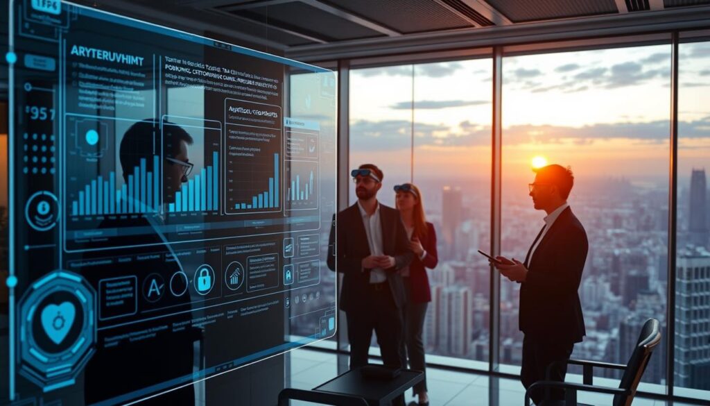 A high-tech office scene with a futuristic user interface showcasing AI-powered cryptocurrency tax reporting and compliance tools. In the foreground, a sleek holographic display highlights analytical data, algorithms, and security protocols. In the middle ground, a team of professionals collaborates seamlessly, utilizing intuitive touchscreen controls and smart glasses. The background features an expansive cityscape viewed through floor-to-ceiling windows, bathed in a warm, golden glow from the setting sun. The overall atmosphere conveys a sense of cutting-edge innovation, efficiency, and advanced technological prowess in the realm of tax compliance.