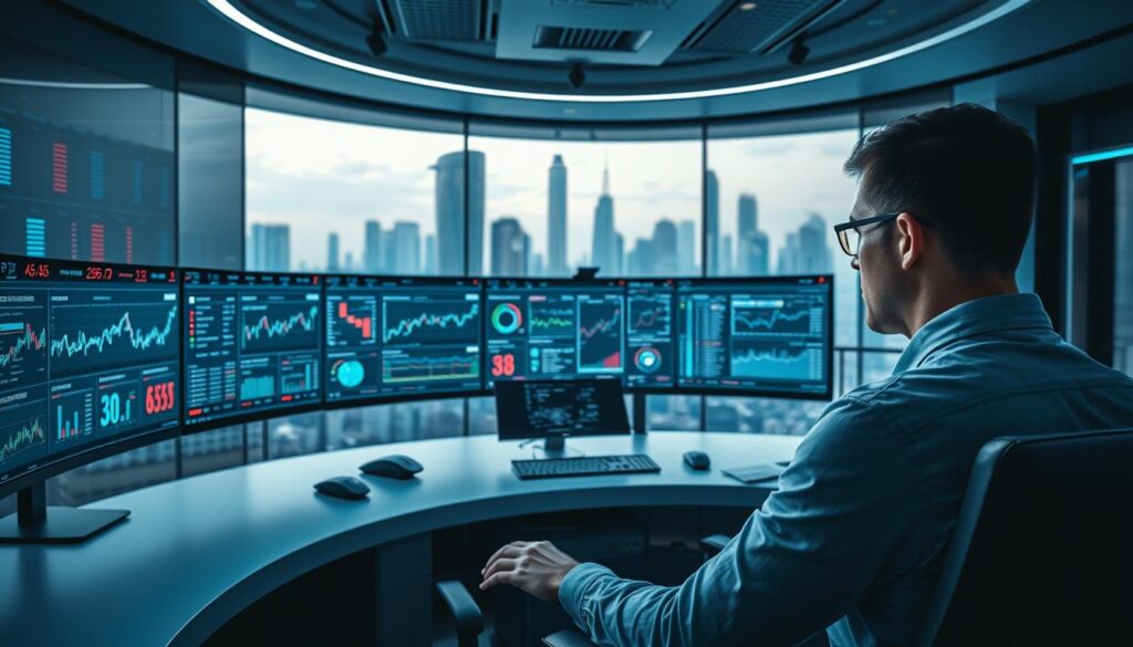 A high-tech trading control room, with CRYPTOMAXIMAL's sleek and minimalist design. In the foreground, a trader intently monitors a vast array of data visualizations and risk management dashboards on a curved ultrawide display. Soft, indirect lighting creates a contemplative atmosphere. The middle ground features advanced trading software and tools, while the background showcases a cityscape of futuristic skyscrapers, hinting at the global scale of the operation. An air of focus, precision, and cautious optimism permeates the scene, capturing the essence of responsible, AI-powered crypto trading.
