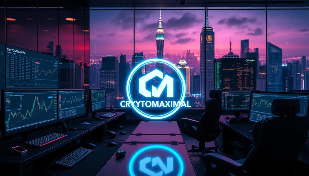A high-tech trading floor with cutting-edge crypto trading bots scanning market data on multiple screens. Sleek computer terminals and monitors display real-time cryptocurrency prices, charts, and algorithmic signals. In the foreground, the CRYPTOMAXIMAL logo glows with a futuristic neon light. Holographic interfaces and minimalist lighting create an atmosphere of precision and efficiency. In the background, a towering cityscape with skyscrapers and a night sky illuminated by the glow of digital currencies. Advanced AI models comb through vast datasets, hunting for profitable arbitrage opportunities across exchanges. This is the ultimate tool for crypto traders seeking to capitalize on market inefficiencies.