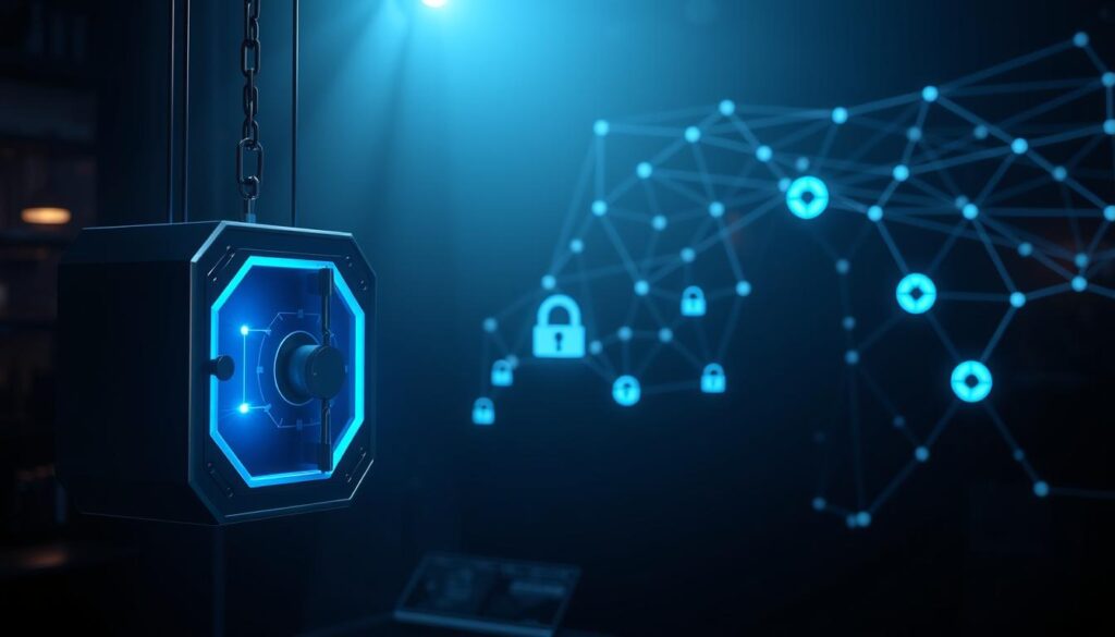 A highly detailed and realistic 3D render of blockchain data security, featuring a secure transaction ledger represented as a glowing, geometric chain suspended in a dark, futuristic environment. The foreground shows a digital vault with a biometric security interface, casting a soft, blue-tinted light. The middle ground contains floating data nodes connected by luminous lines, symbolizing the decentralized network. The background depicts a complex web of encrypted data streams against a moody, atmospheric backdrop with subtle ambient lighting and depth-of-field blur.
