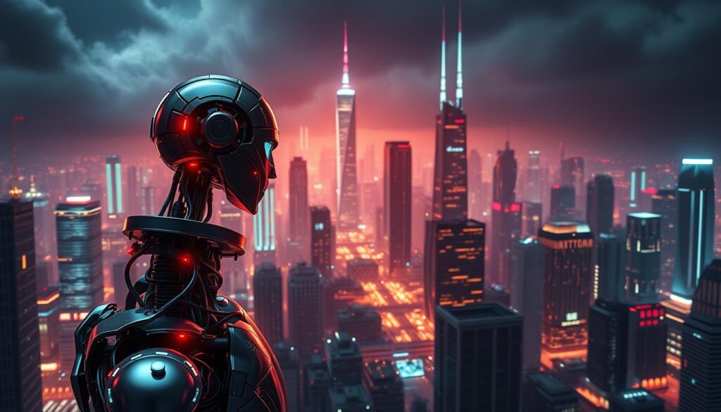 A highly detailed, cinematic rendering of a cryptocurrency trading bot's objectives, with a sleek, futuristic aesthetic. The foreground depicts the bot's core components - a complex algorithmic brain, a network of data feeds, and advanced trading logic. The middle ground showcases the bot's diverse trading strategies, including technical analysis, sentiment analysis, and predictive modeling. The background features a dynamic, neon-lit cityscape of skyscrapers and digital infrastructure, symbolizing the fast-paced, high-stakes world of crypto markets. Dramatic lighting, depth of field, and a moody, cyberpunk atmosphere convey the bot's powerful, autonomous nature and its mission to navigate the challenges of the cryptocurrency landscape.