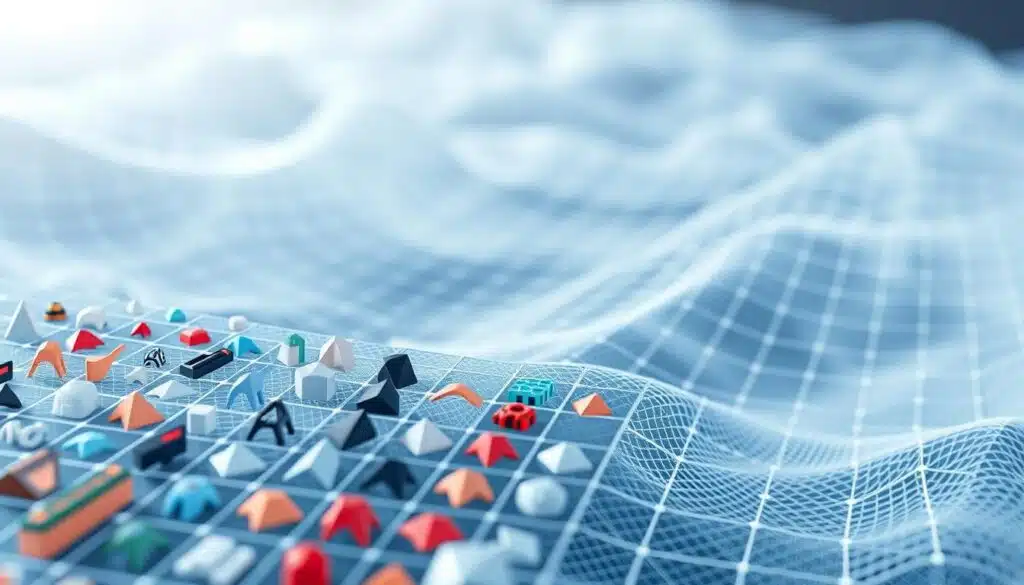A highly detailed, data-driven visualization showcasing the algorithmic distribution of generative art NFT trait rarity. In the foreground, a layered grid layout displays individual traits, each represented by a distinct geometric shape, size, and color. The middle ground features line graphs and statistical charts, illustrating the quantitative analysis of trait frequencies and rarity scores. In the background, a shimmering wireframe landscape evokes the computational nature of the process, with diffuse lighting casting a serene, technical atmosphere. Precise camera angles and depth of field emphasize the interconnected, hierarchical nature of the generative art algorithmic system.