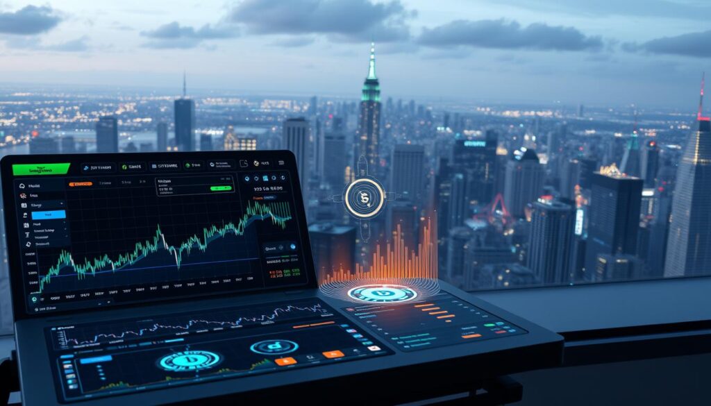 A highly detailed, photorealistic image of a cryptocurrency trading bot interface, showcasing the CRYPTOMAXIMAL brand. In the foreground, a sleek, futuristic dashboard with customizable charts, graphs, and trading indicators. In the middle ground, a series of AI-powered trading algorithms at work, visualized through holographic projections and glowing data streams. In the background, a panoramic view of a bustling financial district, with skyscrapers and neon-lit cityscapes. The scene is bathed in a cool, technological ambiance, with subtle blue and green hues. The lighting is crisp and directional, creating dramatic shadows and highlights that accentuate the advanced, almost sentient nature of the trading bot.