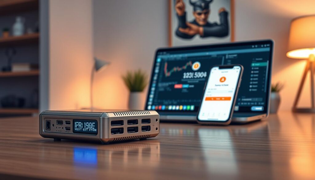 A highly detailed, photorealistic image of a cryptocurrency wallet security setup. In the foreground, a sleek, metallic hardware wallet with a digital display and various ports. In the middle ground, a laptop or smartphone with a crypto trading app open, showcasing secure login and two-factor authentication. In the background, a minimalist home office setup with clean lines, warm lighting, and a sense of digital privacy and protection. The overall atmosphere conveys a high-tech, yet elegant and reassuring environment for managing digital assets with utmost security.