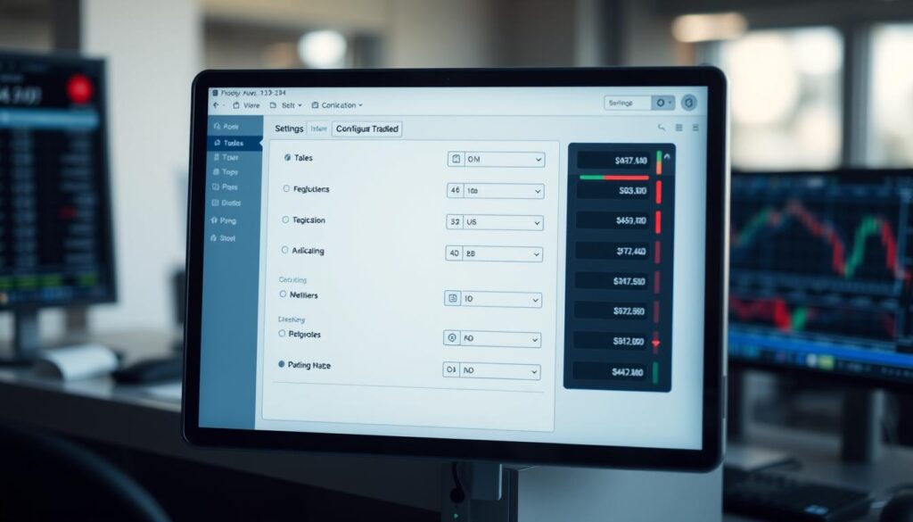 A highly detailed, photorealistic image of an RSI trading indicator settings configuration screen displayed on a professional trading platform interface. The screen is positioned in the center of the frame, with a clean and minimal user interface design. The background is blurred and softly out of focus, emphasizing the settings panel. Lighting is natural and diffused, creating subtle highlights and shadows that enhance the depth and texture of the digital interface. The overall mood is one of precision, functionality, and professional trading tools. The camera angle is slightly elevated, giving a clear and unobstructed view of the RSI settings panel.
