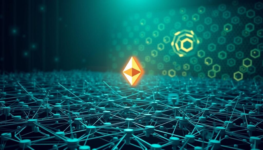 A highly secure and technical-looking digital illustration depicting the layers of fraud-proof security mechanisms within a blockchain network. In the foreground, a complex matrix of interconnected nodes, cryptographic protocols, and tamper-resistant data structures. In the middle ground, cutting-edge consensus algorithms and formal verification techniques ensuring the integrity of transactions. In the background, a stylized representation of the Ethereum blockchain, with its distinctive hexagonal structure, glowing with an aura of computational power and resilience. The scene is bathed in a cool, blue-green color palette, conveying a sense of precision, reliability, and the cutting edge of decentralized security.
